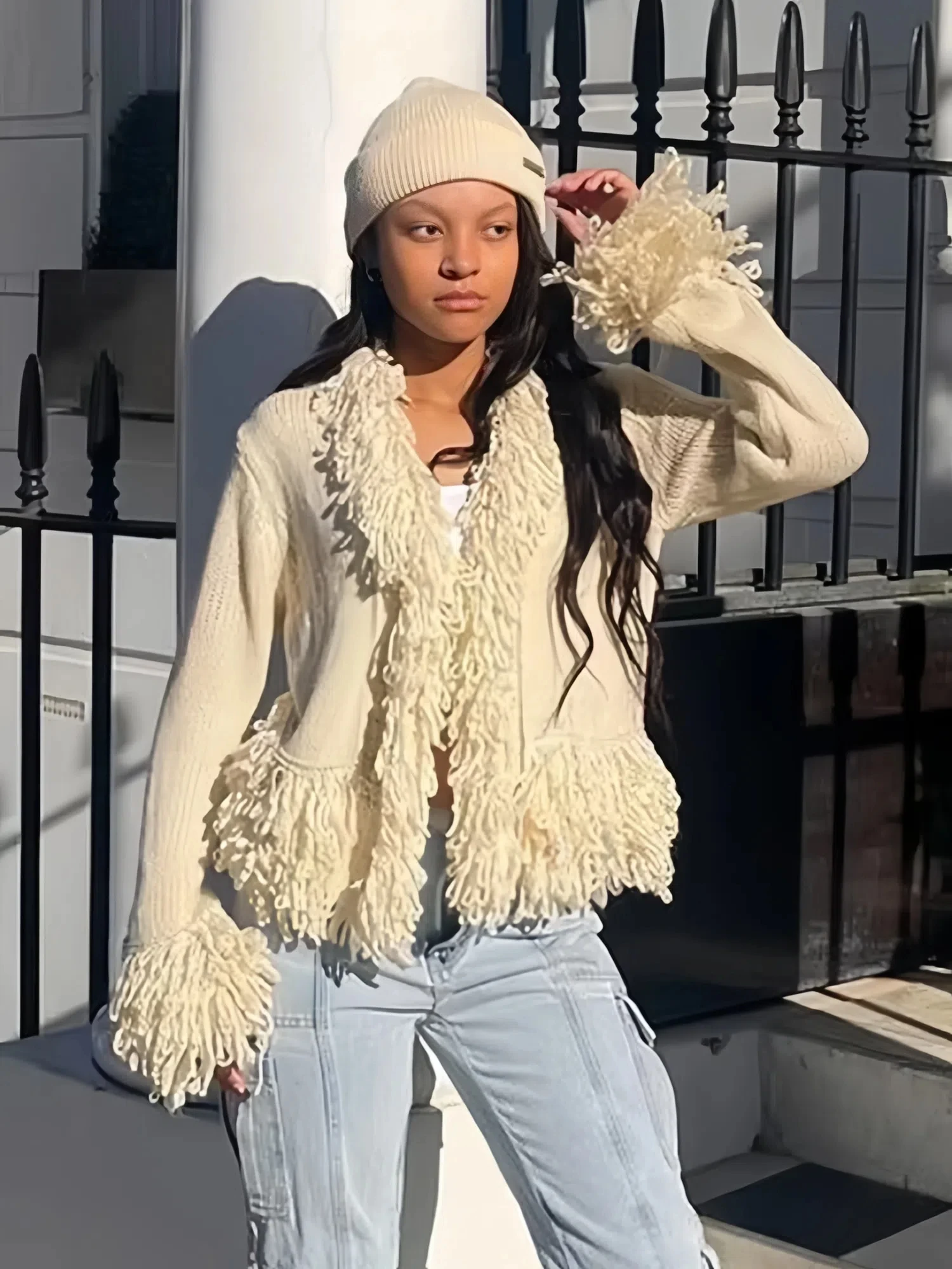 

Women Chic Knitted Tassel Cardigans Casual Long-sleeved Loose Fur Short Sweater 2025 Autumn Daily High Street Lady Outerwear