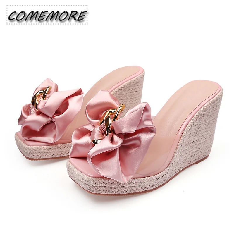 Luxury Sandals Platform Wedges Heel Slippers Women 2024 Summer Fashion Pink Butterfly-knot Designer Plus Size 45 46 Female Shoes