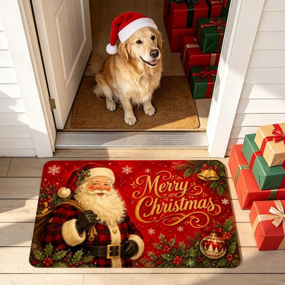 Plaid Costume Santa Doormat Golden Bell Area Rug Merry Christmas Welcome Rug Floor Mat Apartment Lounge Foyer Home Floor Pad