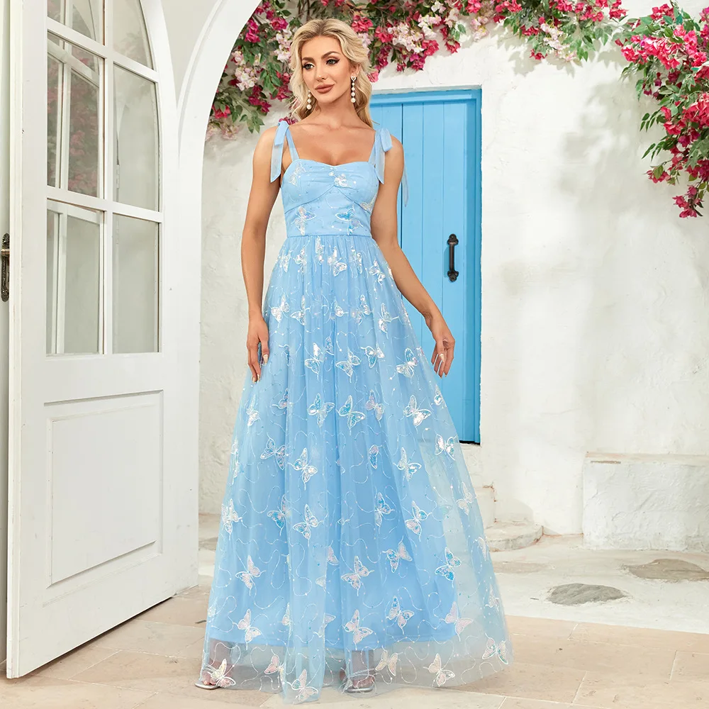 

New lace-up evening dress A-shaped mesh embroidery butterfly pattern elegant birthday long party dress party sexy temperament el
