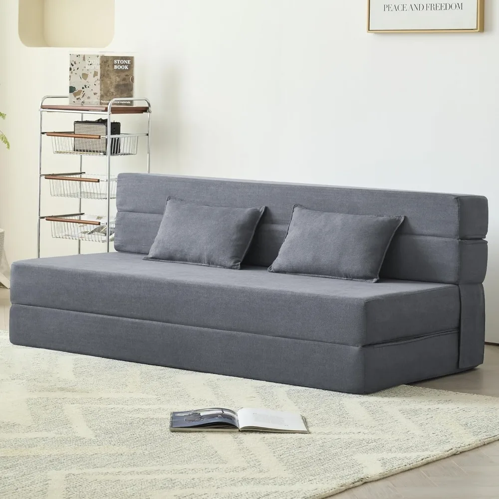 

Folding Sofa Bed, 3-in-1 Convertible Sleeper Chair with Pillow, Linen Foldable Mattress Futon, Memory Foam Floor Couch for Livin