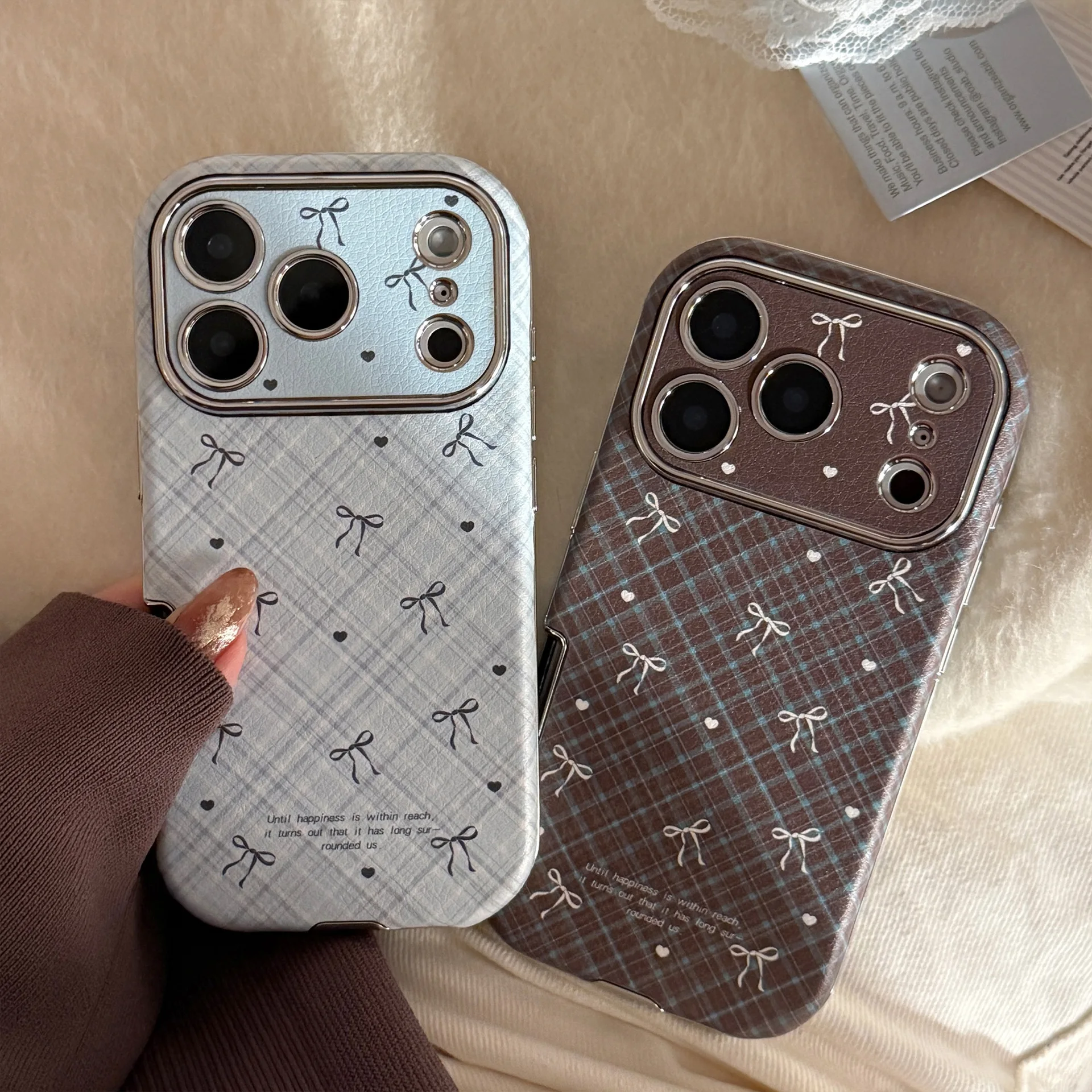 الكورية الرجعية منقوشة شبكة نمط Bowknot الجلود الملمس جراب هاتف آيفون 17 16 15 14 13 12 11 برو ماكس للصدمات لينة غطاء #4