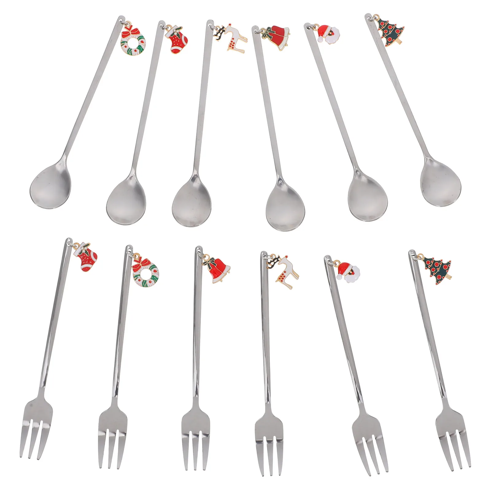 

12Pcs Stainless Steel Cutlery Set Christmas Dessert Forks Coffee Spoons Long Handle Mixing Spoon Holiday Kitchen Gift