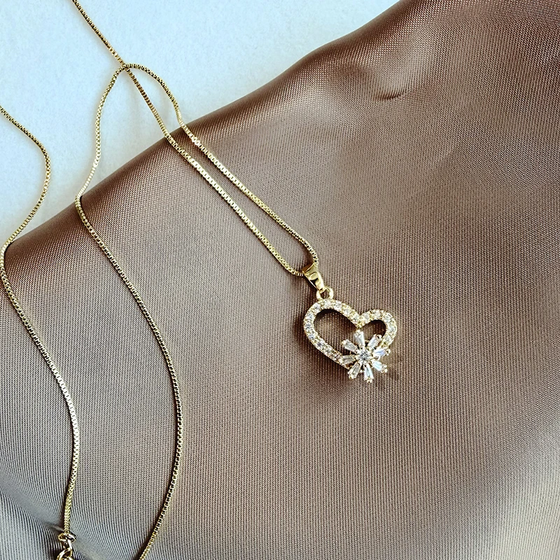 Goldfarbene Kette, herzförmige Auswahl, Schneeflocken-Anhänger-Halskette für Herbst/Winter, Damen-Modeschmuck, sexy Schlüsselbeinkette – Detail 5