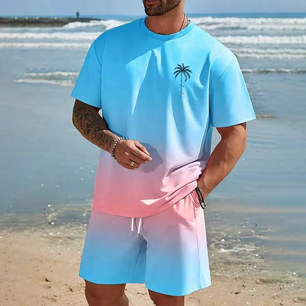 New Men's Suit Hawaiian Gradient Coconut Print Suit Summer Beach T-Shirt and Pants 2 Piece Fashion Sports Plus Size Men's Suit