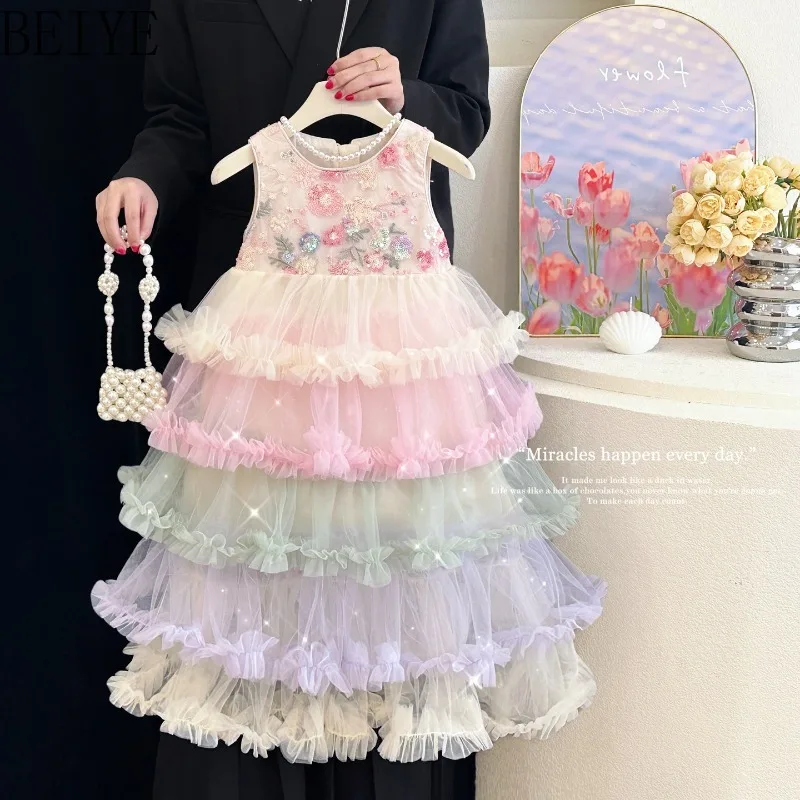 Sleeveless Rainbow Tiered Tulle Girls Dress Floral Sequin Embroidery Ruffle Layer Cake Dress Kids Princess Flower Tutu Gown