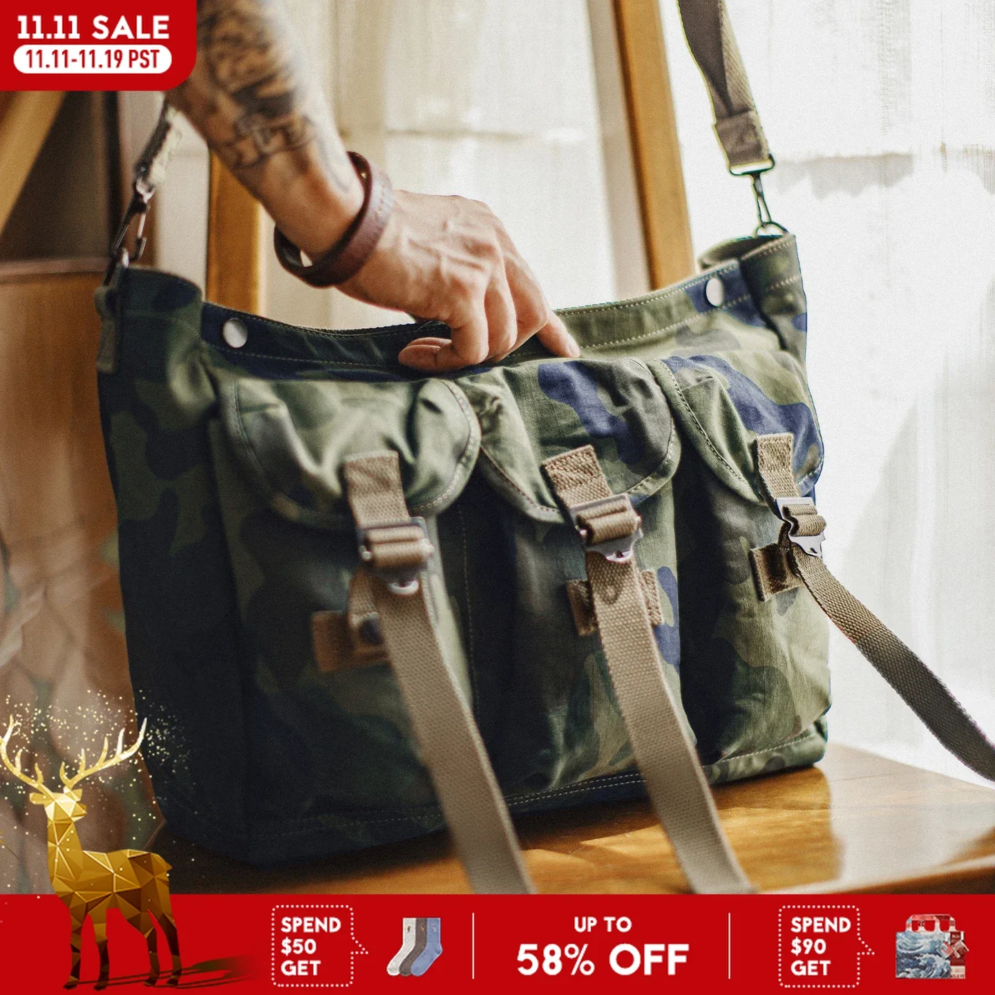 

Maden Men's Vintage Tactical Crossbody Bag Camouflage Cotton Messenger Bag Large Capacity Outdoor Jungle Training Shoulder Pack