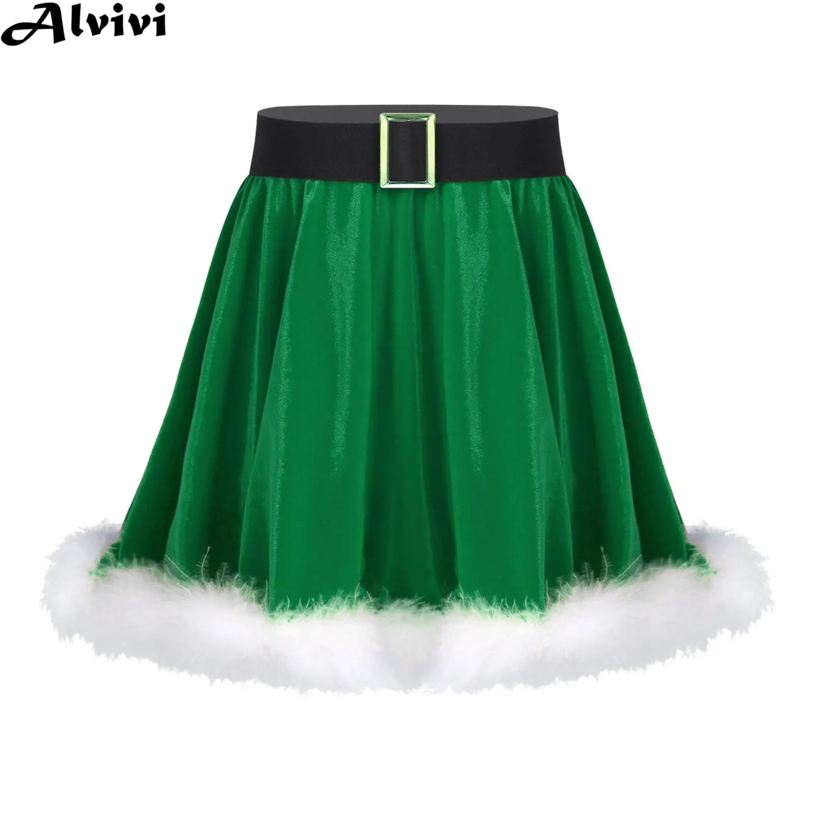 Children Girls Christmas Dance Skirt Feather Trim Ballet Figure Skating Tutu Santa Claus Cosplay Costume for Xmas New Year Party