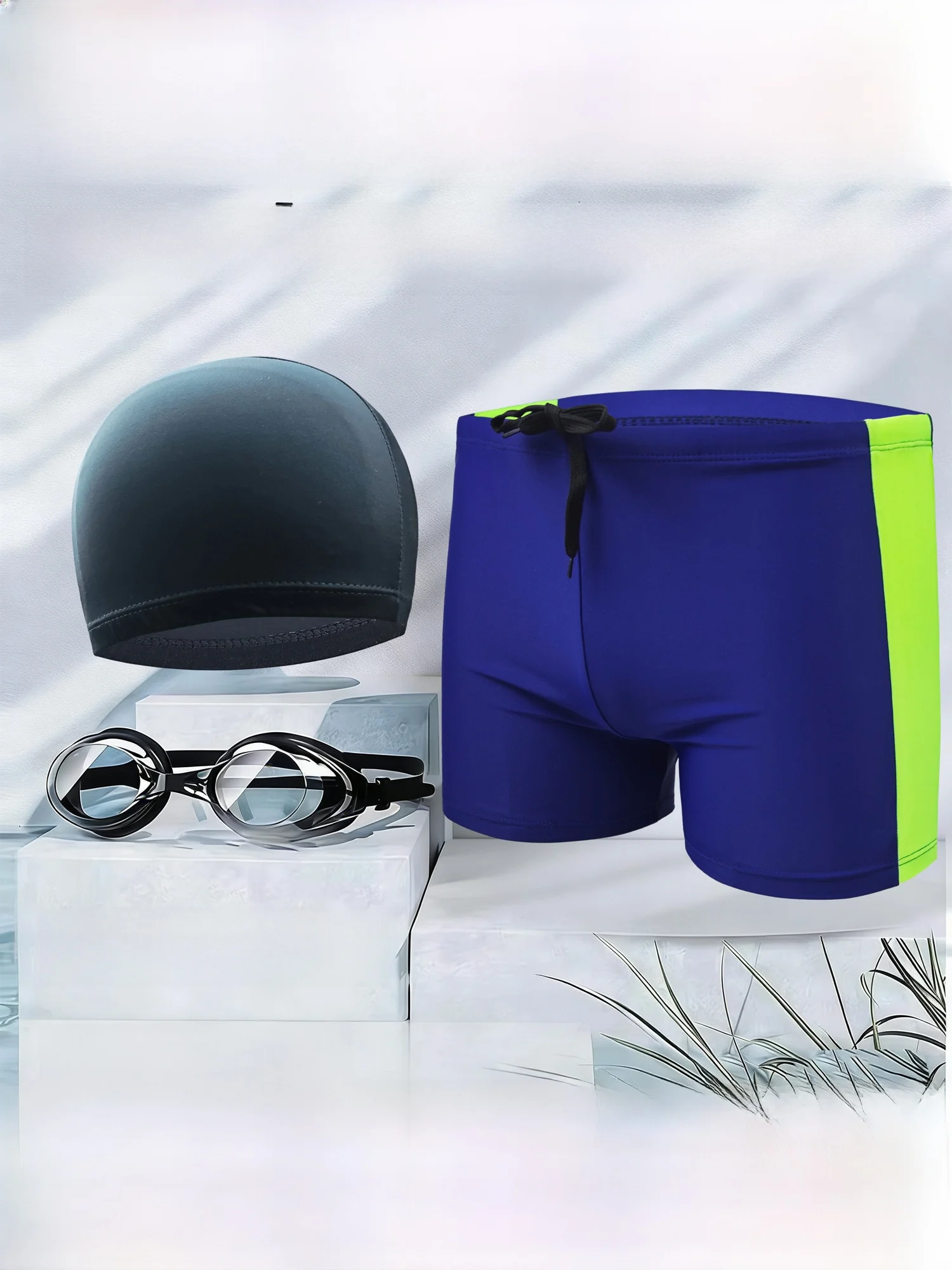 

High Elasticity Quick Dry Student Men's Swimming Trunks Flat Angle Hot Spring Set Polyester Spandex Blend Drawstring Closure