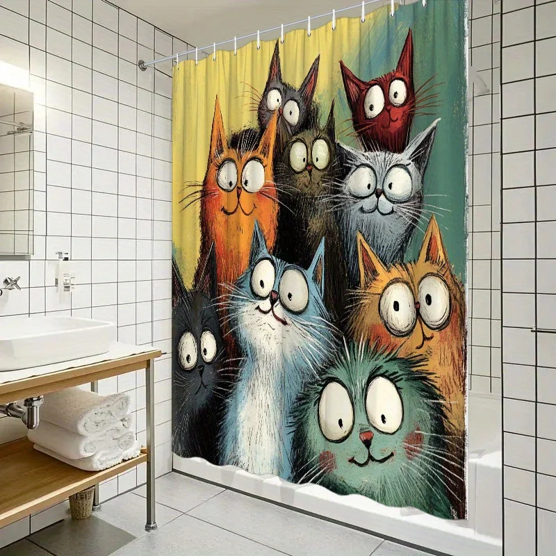 Cartoon Cats Shower Curtain - Playful Humorous Design, Colorful Polyester Fabric,Machine Washable Bathroom Decor for Home
