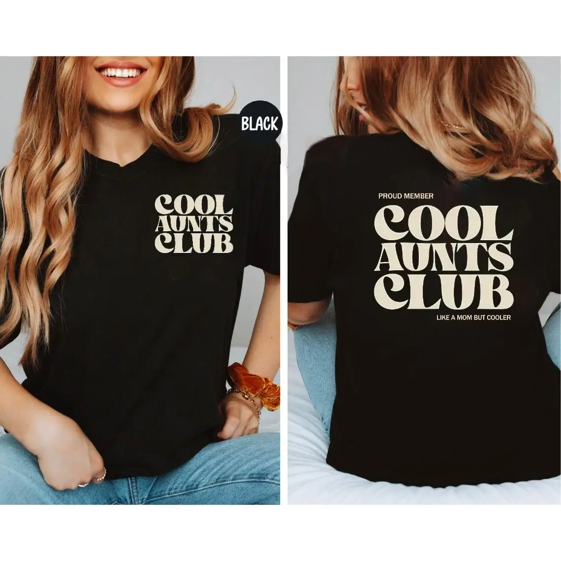 

Cool Aunts Club T-Shirt, Funny Like A Mom But Cooler Auntie Gift Tee, Double Sided Proud Member Family Graphic Top
