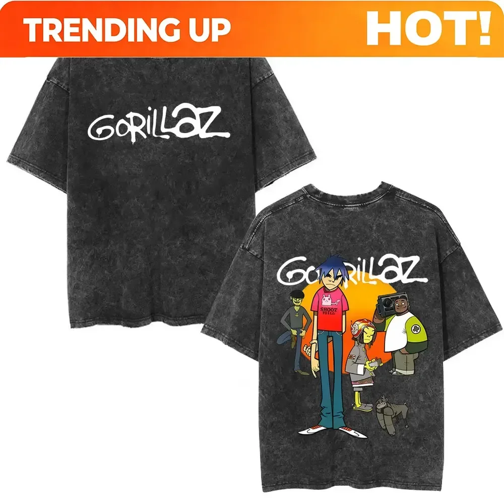 Customization Washed Vintage Gorillaz Double Sided Print T-shirt Men Women Hip Hop Fashion Oversized T Shirts Tops Unisex Rock B