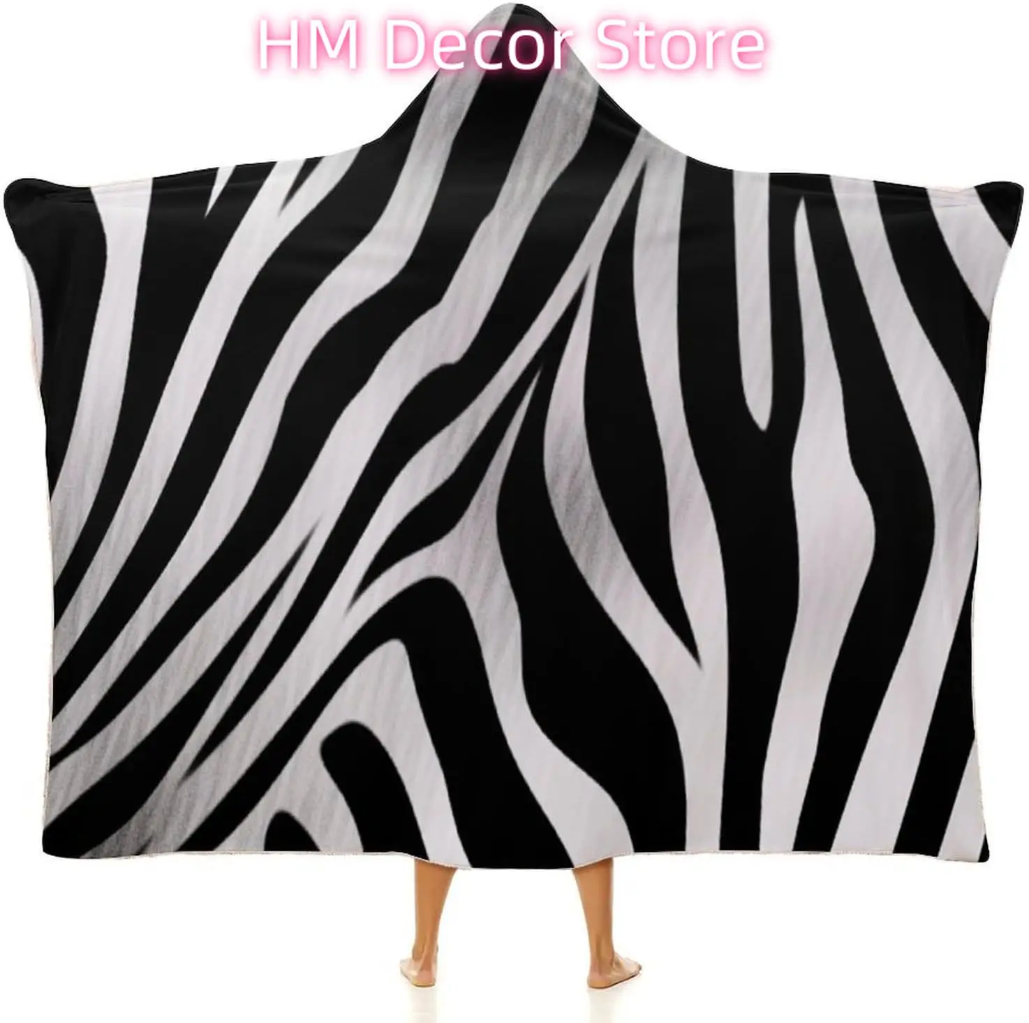 Zebra Print Wearable Hooded Blanket, Ultra Soft Arctic Velvet Cape Cloak Unisex - Cozy Wearable Blanket