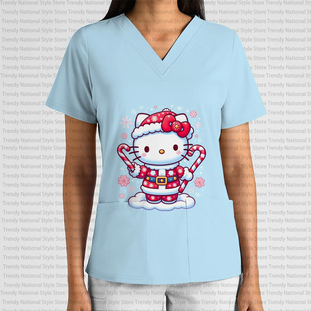 Nieuwe Zomer vrouwen Verpleegster Uniform V-hals Print Scrub Top Kerst Hello Kitty Dental Spa Dierenwinkel vrouwen T-shirt