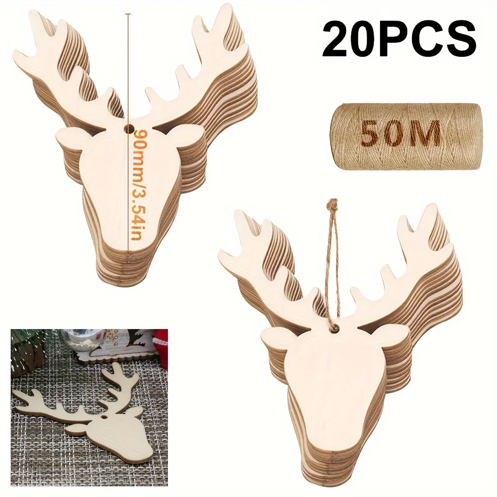 

20PCS/10PCS/5PCS 50m Hemp Rope Wooden Deer Head Christmas Ornament Pendant Pendant Wooden Pendant Decoration Wooden DIY Craft Xm