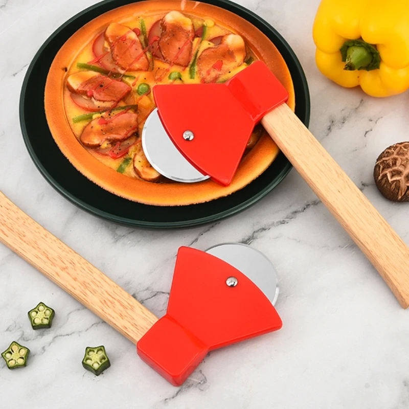 Stainless steel axe pizza cutter Wooden handle Baking tool Single wheel pie cutter1pc