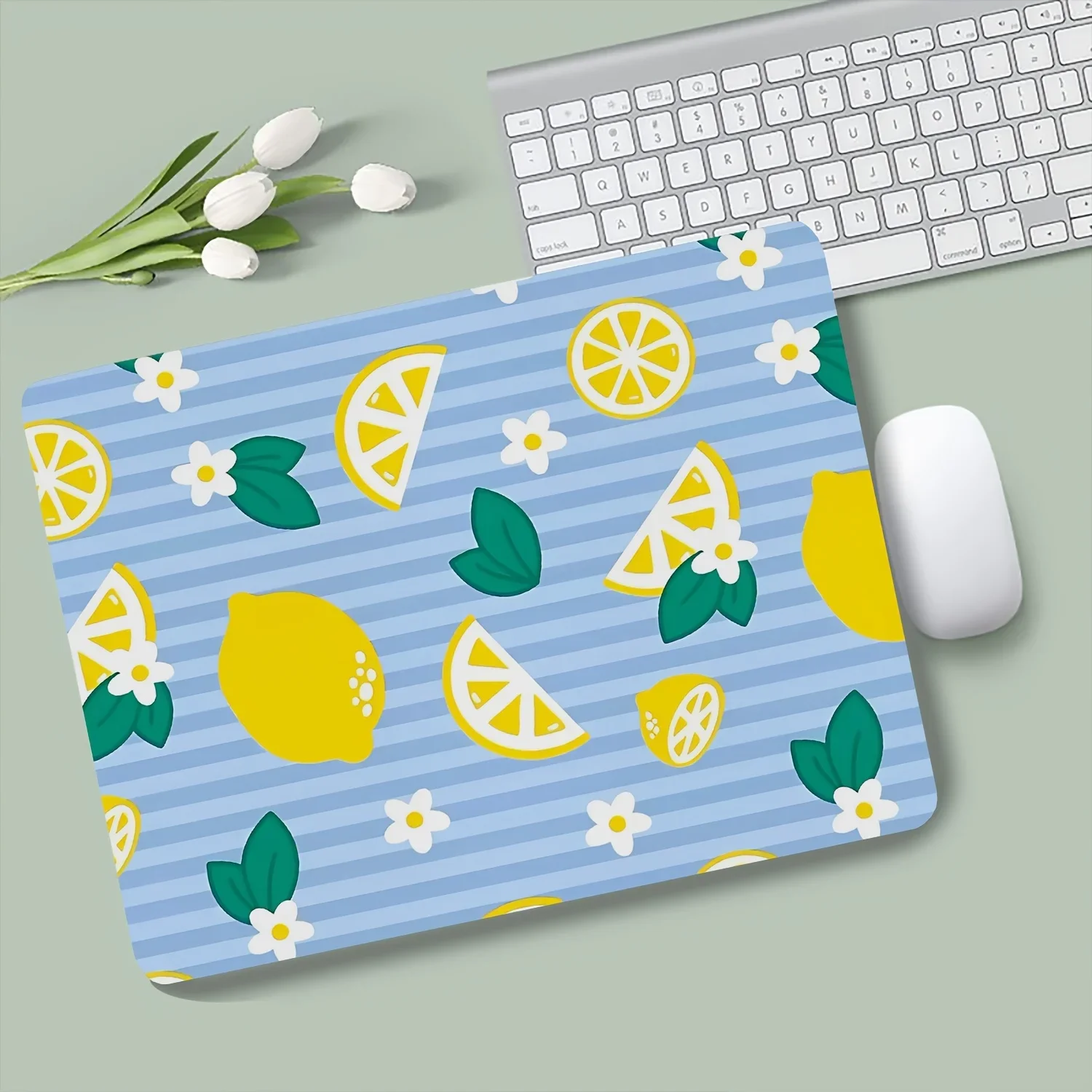 Mini Anime Cute Lemon Blue Striped Pattern Mouse Pad, Non-Slip Rubber Base, High-Definition Printing, Retro Style, M Size 210x25