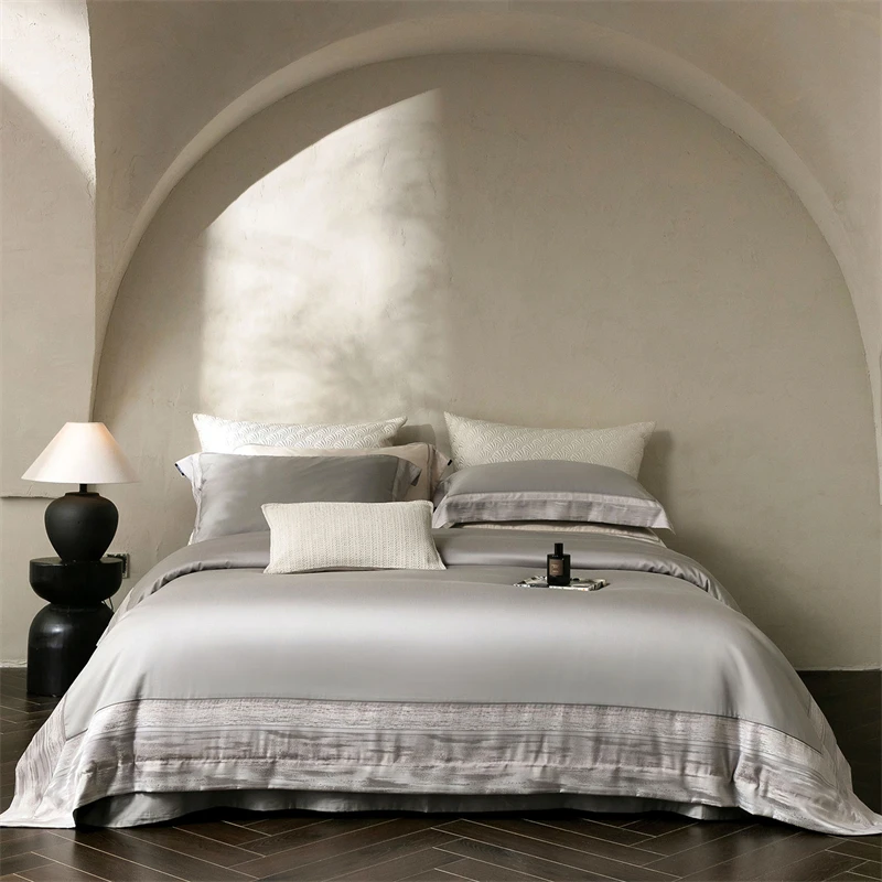 600TC Egyptian Cotton Bedding Set Luxury Satin Jacquard Border Duvet Cover Set Soft Grey High Thread Count Bed Sheet Pillowcases