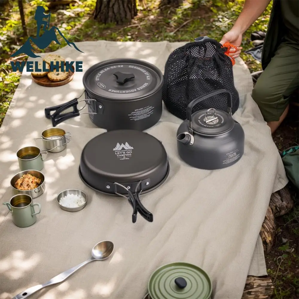 WELLHIKE-Juego de utensilios de cocina para acampar con hervidor de agua, estufa portátil para acampar, vajilla, olla para pesca al aire libre, suministros de cocina para acampar