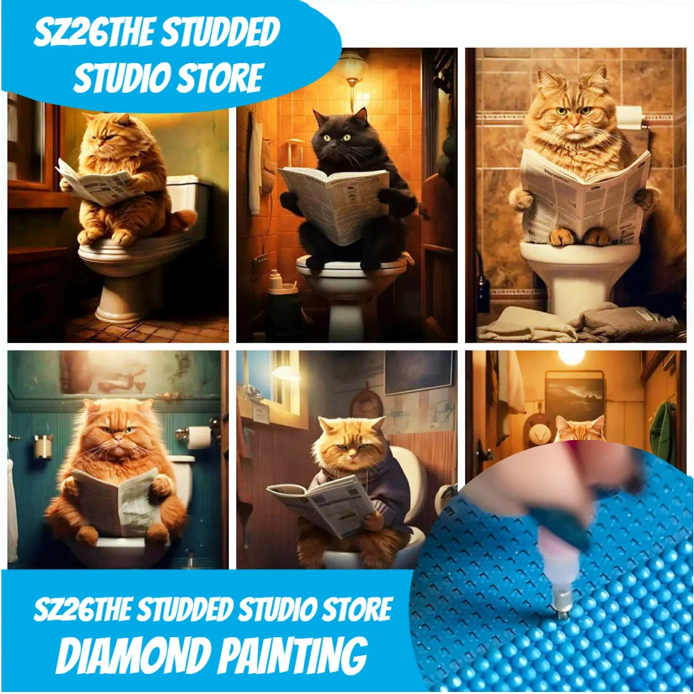 

Sz26Спитанная алмазная живопись с шипами, животное «сделай сам», полная мозаика, кошка, туалет, чтение, газета, искусство, стразы, фотографии, декор для стен ванной комнаты