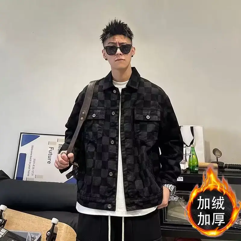 New Men\'s Clothing Designer Clothes Thick Plaid Denim Jacket Black Spring Autumn Casual Loose Fit Cool Jackets Coats for Men