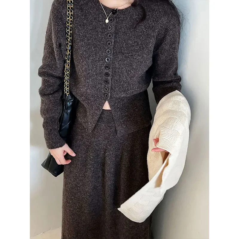 Women Clothes Gentle Round Neck Single Breasted Sweater Cardigan Skirt Two Piece Set 2024 Autumn Winter New Girls Fashion Suit