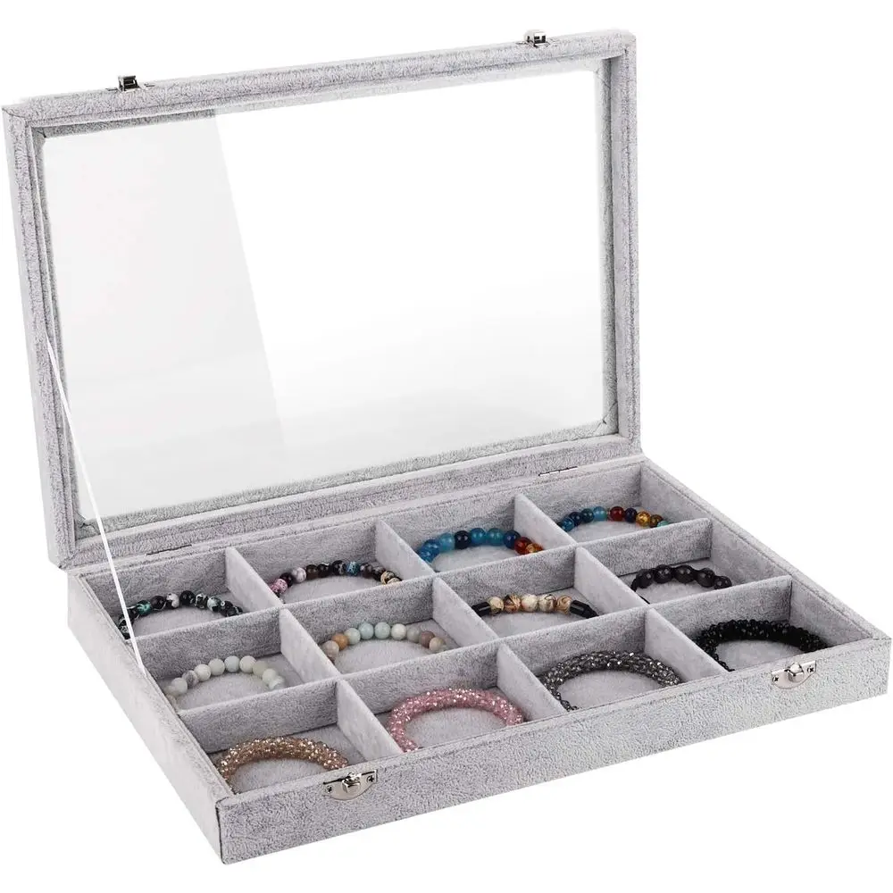

Grey Velvet-Lined 12-Grid Jewelry Box with Clear Lid for Necklaces, Bracelets, and Bangles Storage