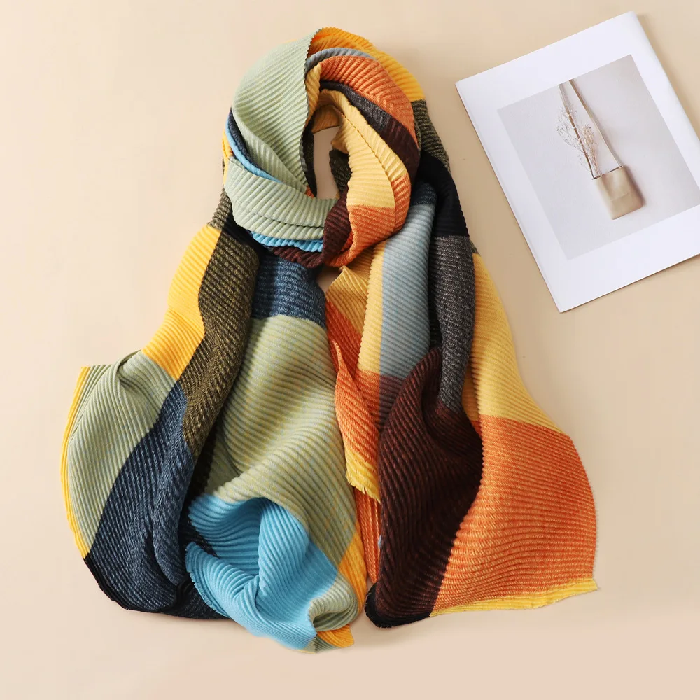 New polyester cotton multicolor line plaid scarf for women, long and thick, with a draped cover