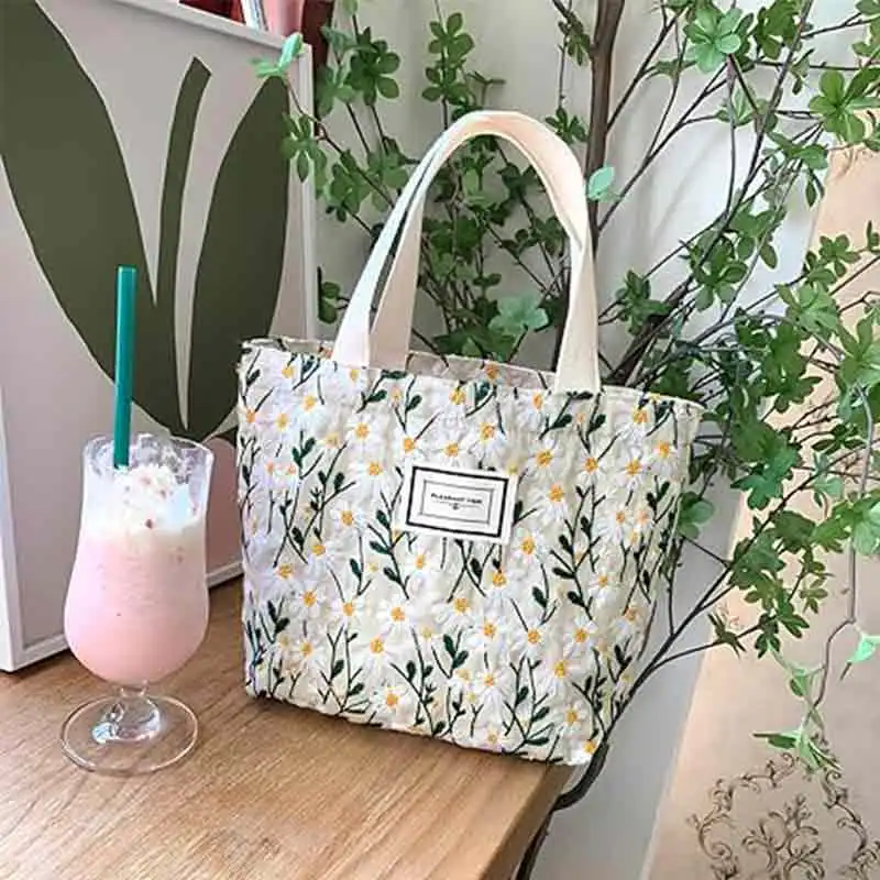 BBA006 2PCS Small Tote Bag for Women Mini Canvas Embroidered Daisy Book Tote Bag