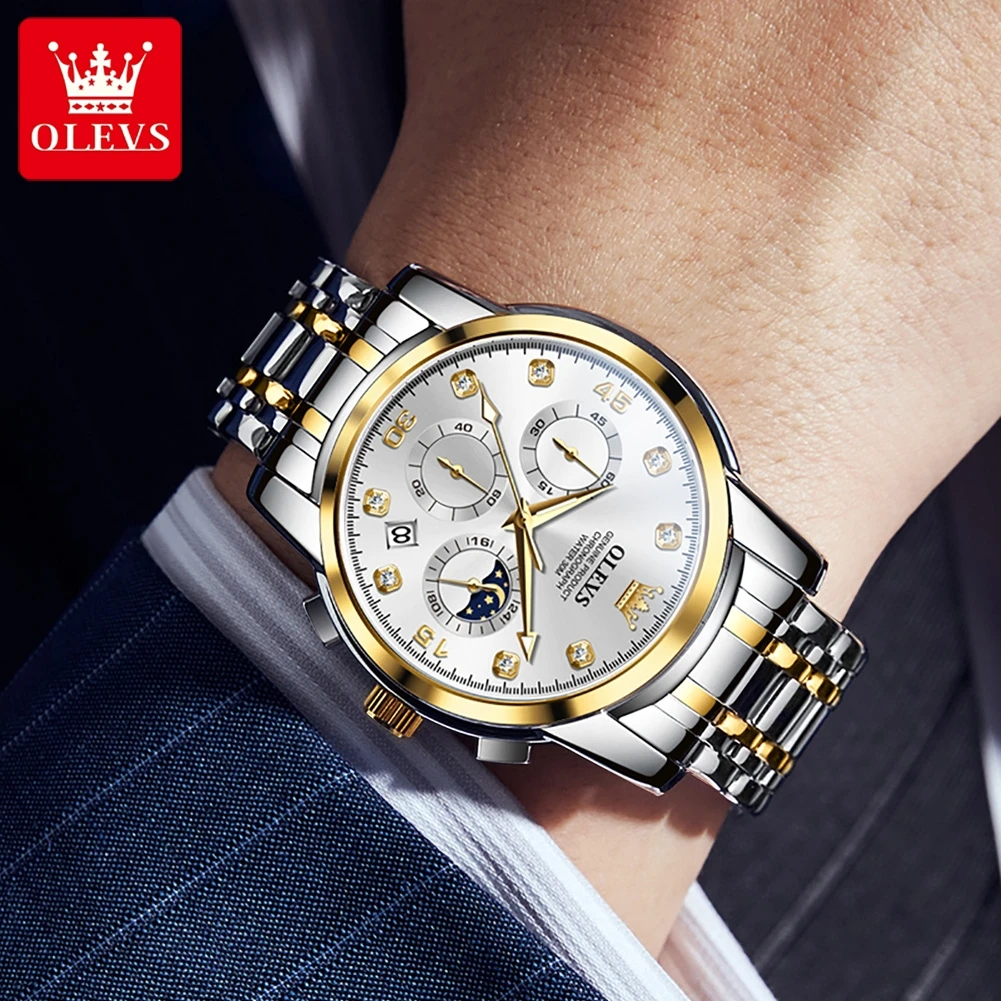 OLEVS 2889, кварцевые модные часы, подарок, ремешок для часов из нержавеющей стали, наручные часы с круглым циферблатом, хронограф, календарь, светящийся