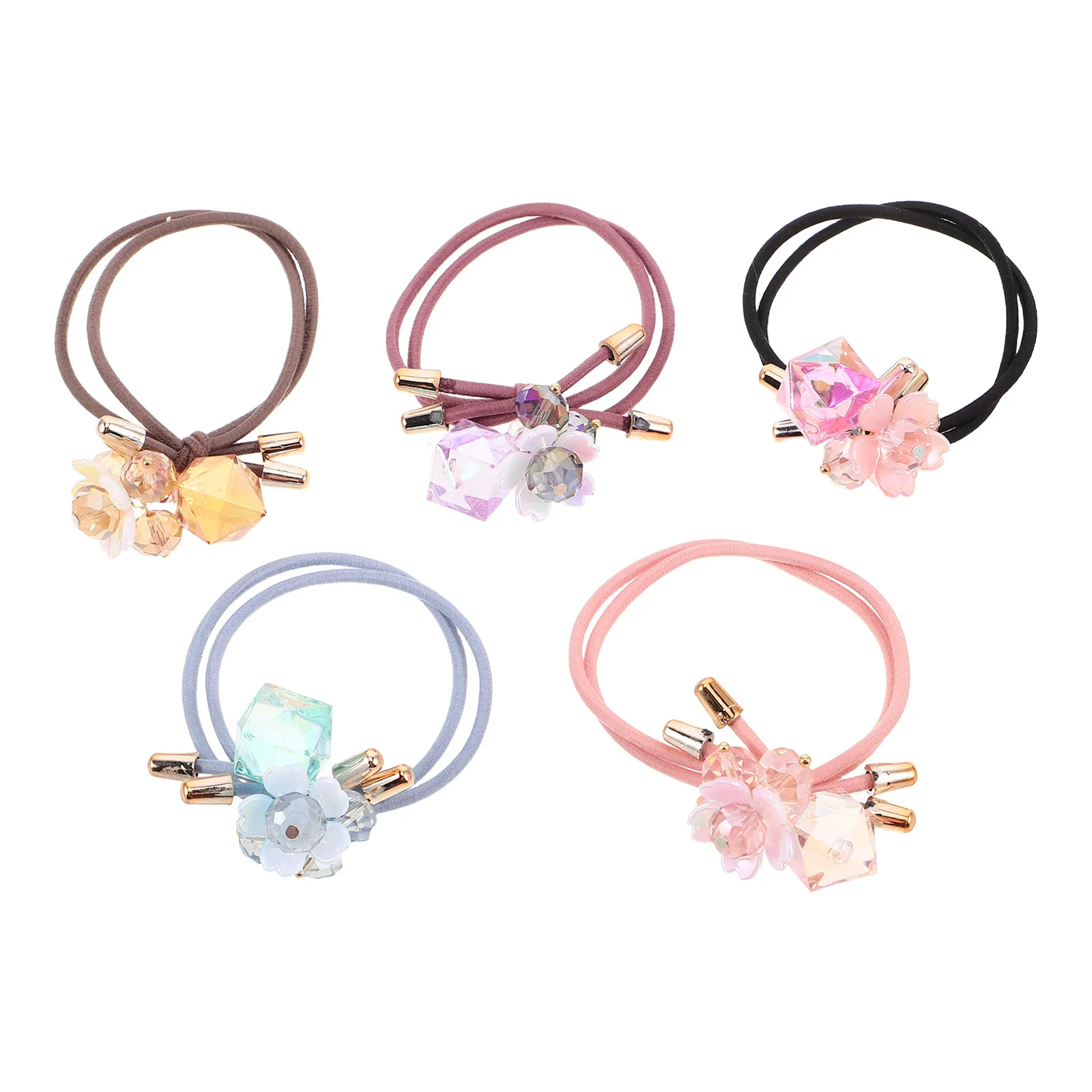 

5 Pcs Crystal Flower Hair Ties Elastic Bands Women Girls Boho Fashion Accessories Pink Black Brown