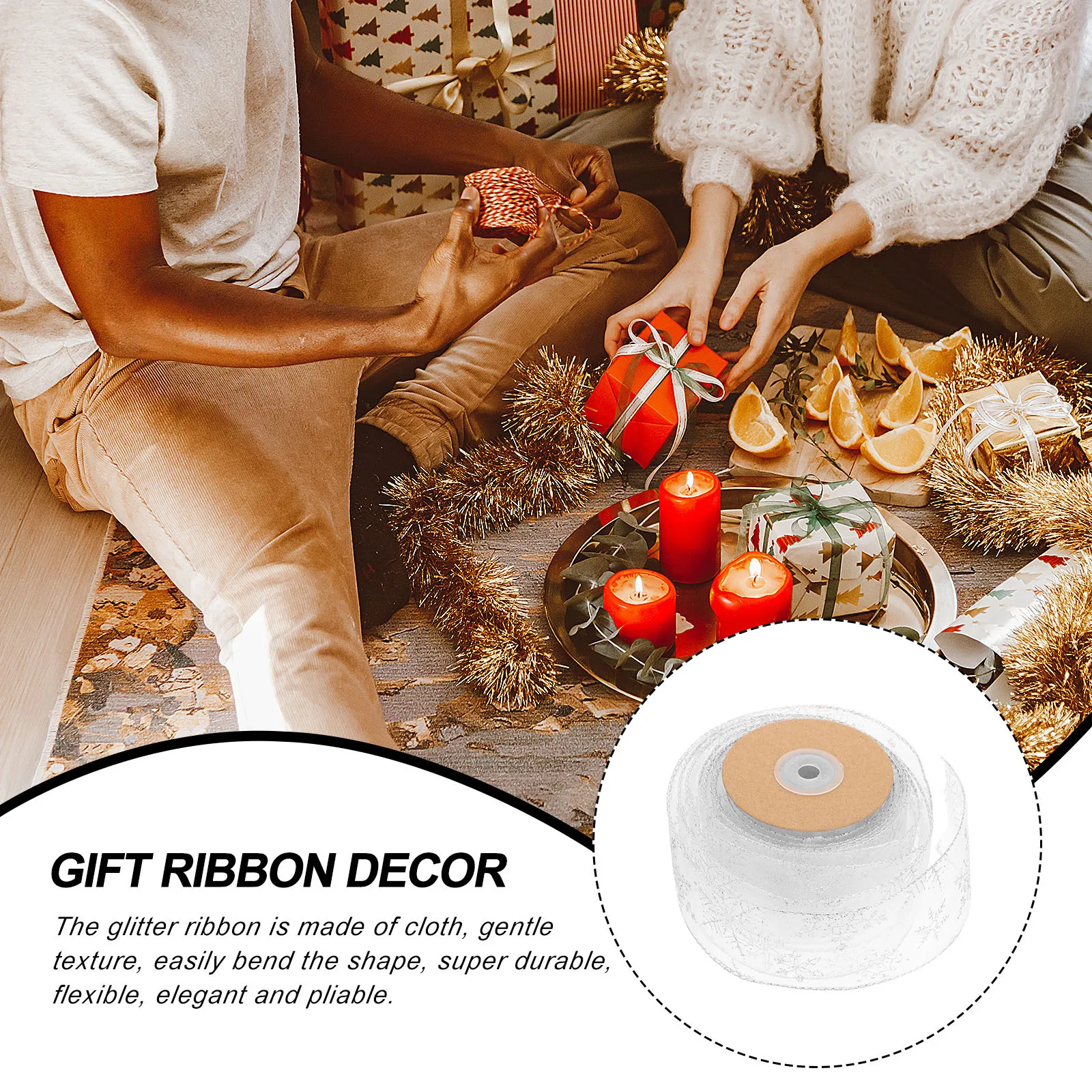 1 Rolka Przezroczystej Taśmy Brokatowej z Motywem Płatków Śniegu, Elegancka i Elastyczna, Idealna do Pakowania Prezentów Świątecznych, Dekoracji, Kokardek, Butelki Wina, Choinki