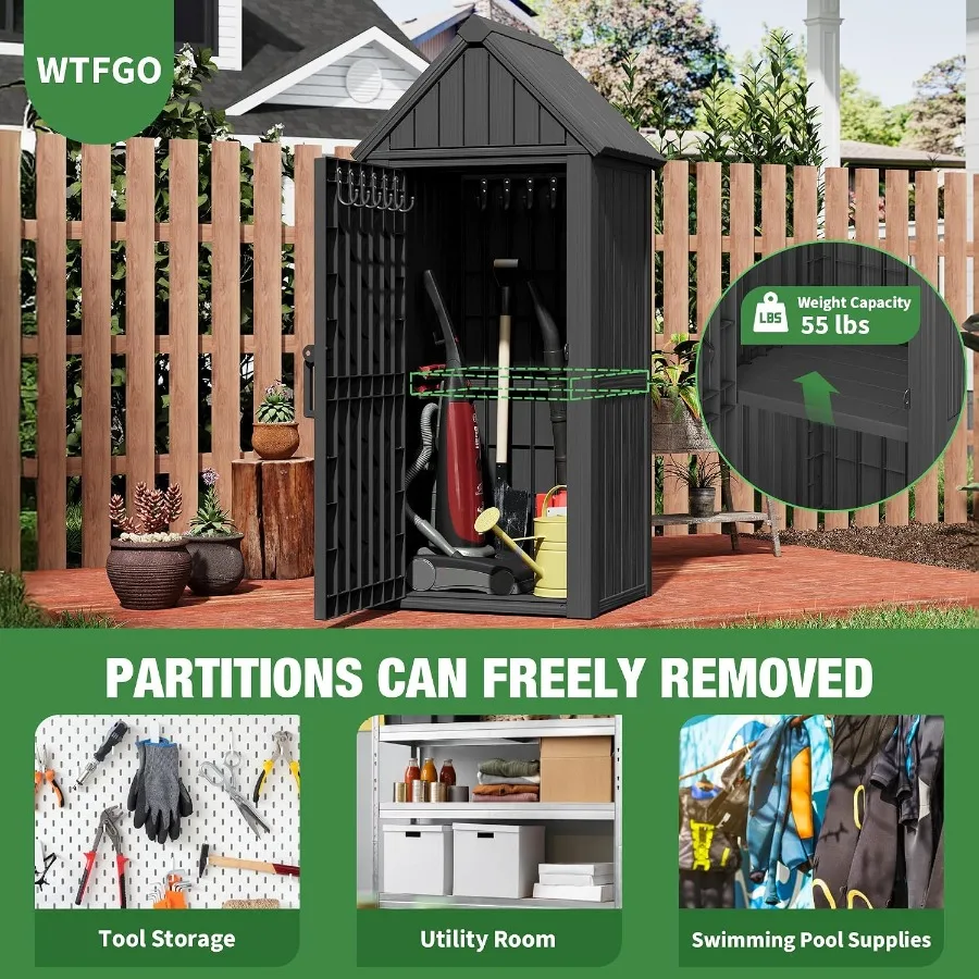 Vertical Outdoor Storage Shed: Waterproof Resin, Classic Black, with Removable Shelves 12 Hooks for Garden, Backyard, Patio, Po