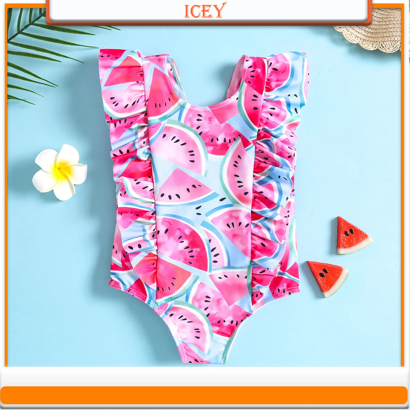 

Watermelon Print Ruffle Girl One-piece Triangle Baby Girl Hot Spring Beach Swimsuit