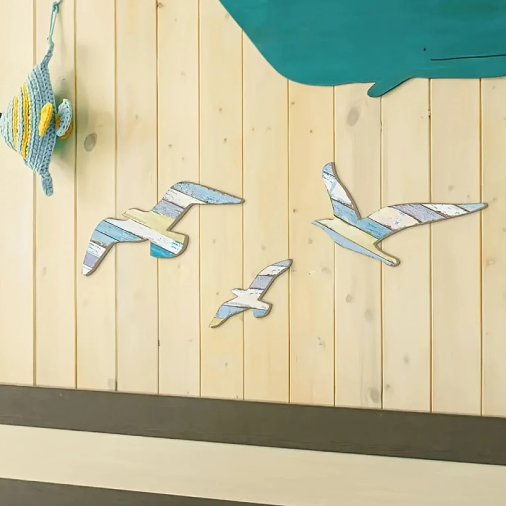 3pcs Seagull Wall Hanging Decoration Coastal Style Wooden Beach Theme Plaque Home Art Living Room Bedroom Wall Decor