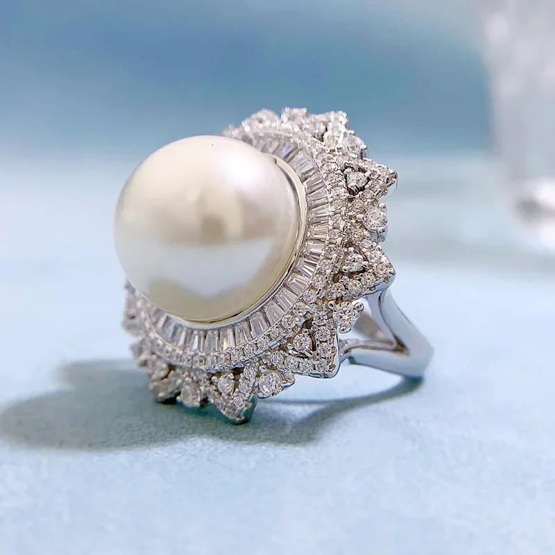 S925 Sterling Silver Inlaid Pearl Ring 14mm Elegant Texture Fashion Versatile Boutique Party Ring