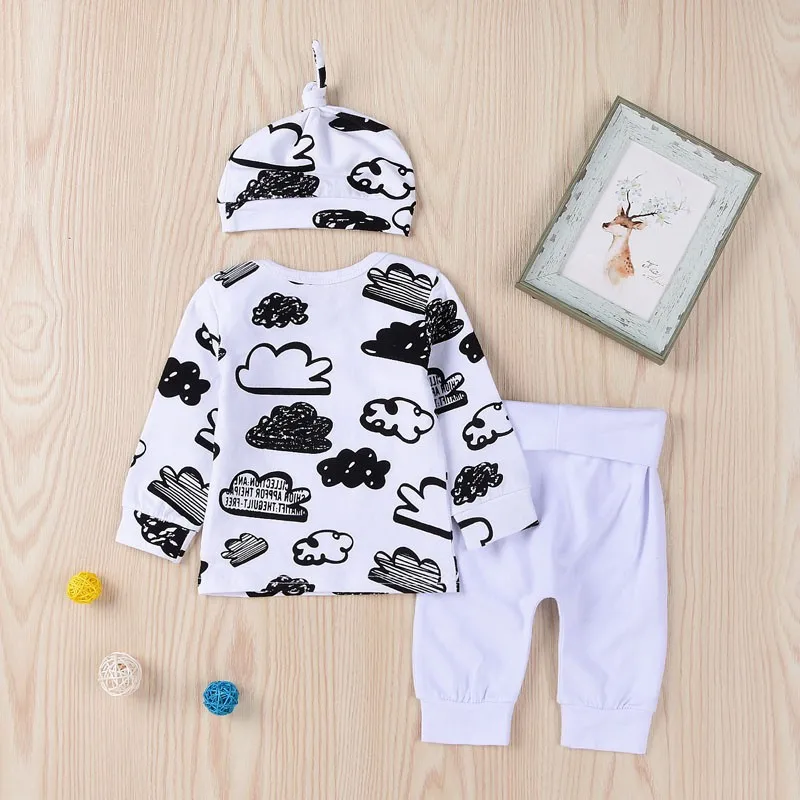 Newborn Baby Clothes 0-18M Toddler Baby Boy Girl 3PCS Clothes Set Cloud Print Long Sleeve Top + Pant with Hat Spring Outfit