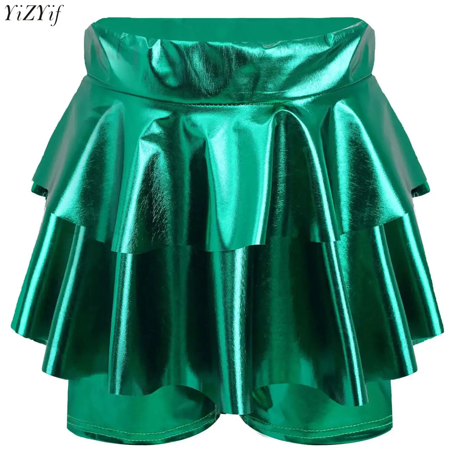 

Kids Girls Metallic Jazz Ballet Dance Skirted Shorts High Waist Elastic Waistband Tiered Culotte for Cheerleading Performance