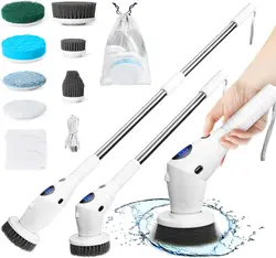 Electric Spin Scrubber Cordless Cleaning Brush with 8 Replaceable Brush Heads and Extension Handle and 3 Speeds For Bathroom