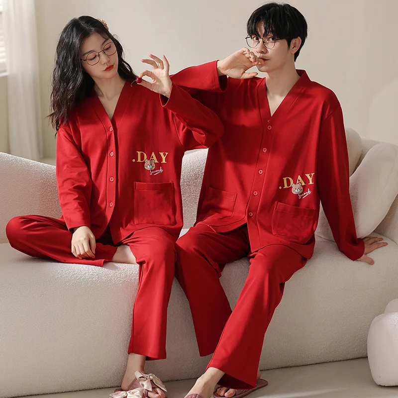 Red couple pajama set all cotton cardigan V-neck cute cartoon letter print on the back men and women\'s spring and autumn pajamas