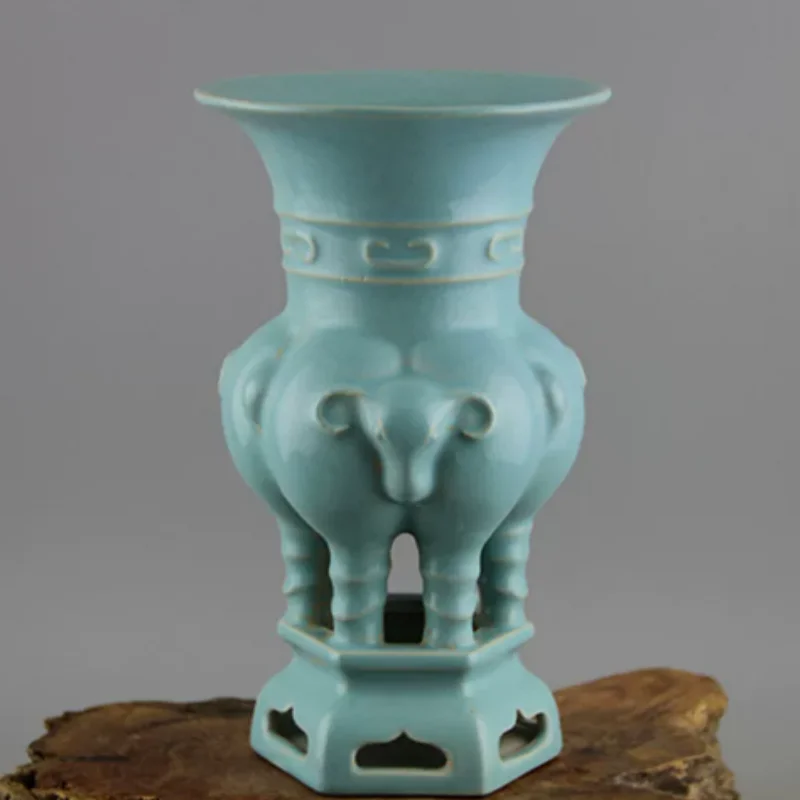 Vintage Sky-blue Glazed Ceramic Triple Ram Vessel - Traditional Chinese Folk Artwork, Desktop Decor & Collectible