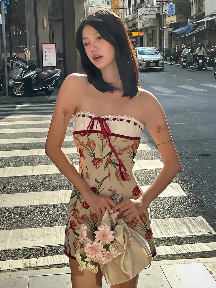

Weird Puss Ribbon Bow Dress Women Lace Patchwork Art Print Folds Skinny Summer Fashion Sweet Prom Party High Street Mini Bodycon