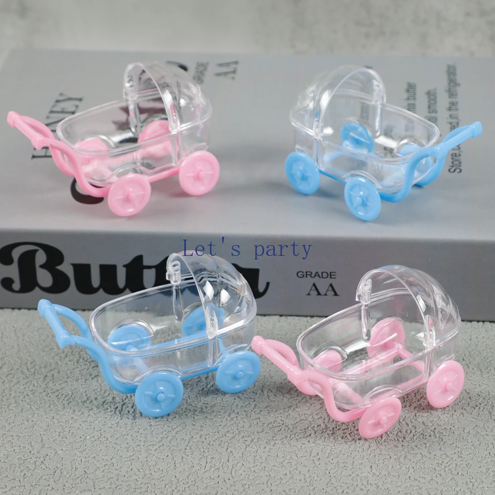 6Pcs Transparent Plastic Baby Stroller Shape Candy Boxes Bassinet Gift Box for Baby Shower Gender Reveal Birthday Party Decor