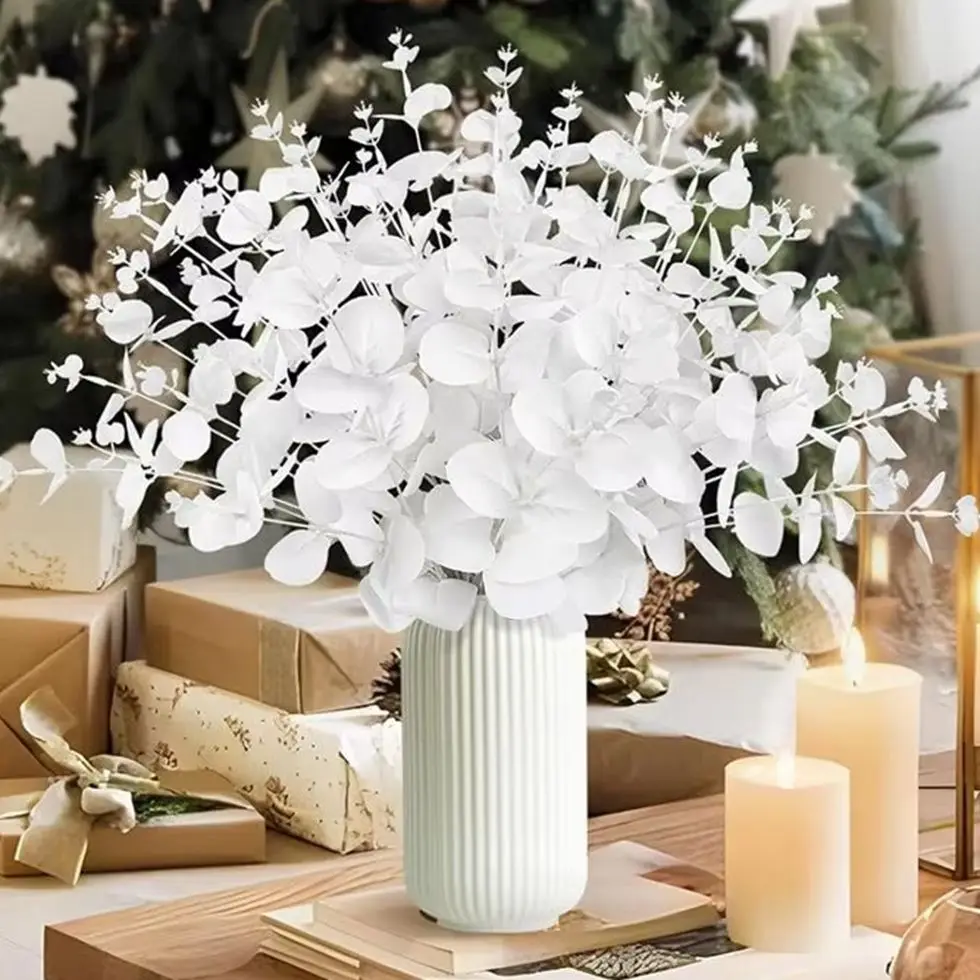 

Artificial Plant White Eucalyptus Leaf Christmas Home Vase Outdoor Garden Bonsai UV Protection Wedding Wreath Diy Decor Hot Sale