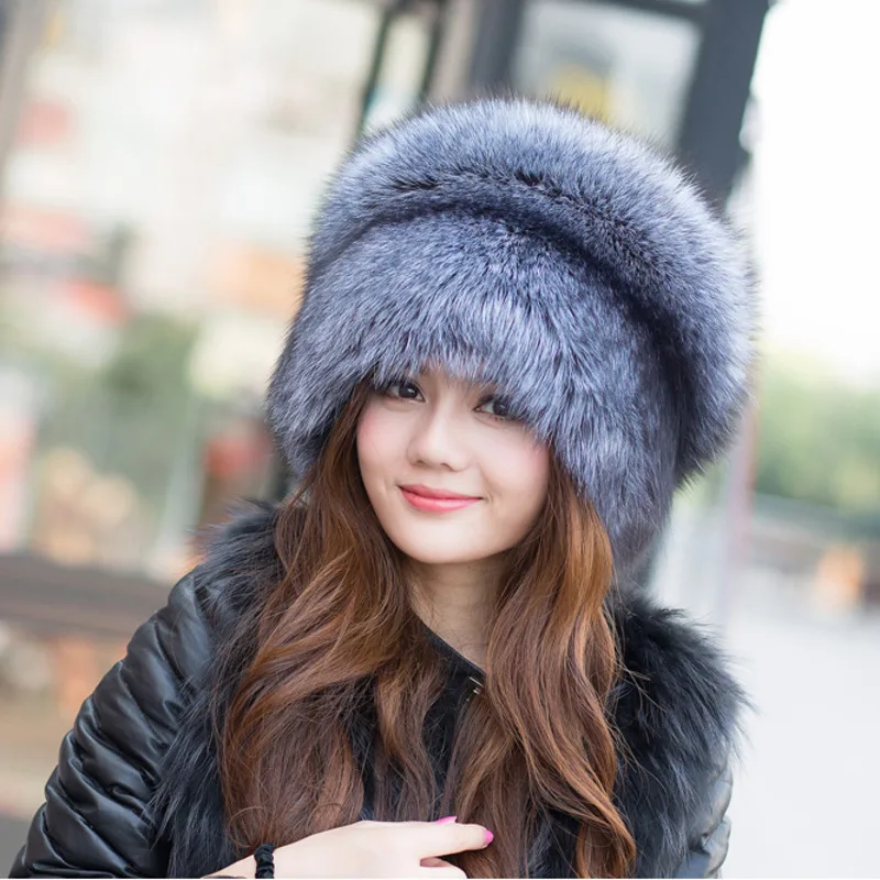 

Winter Real Silver Fox Fur Hat Women Beanies cap Fur Snow Caps With Fox Fur Tail Luxury Warm Ear Protection Hats Fluffy Female