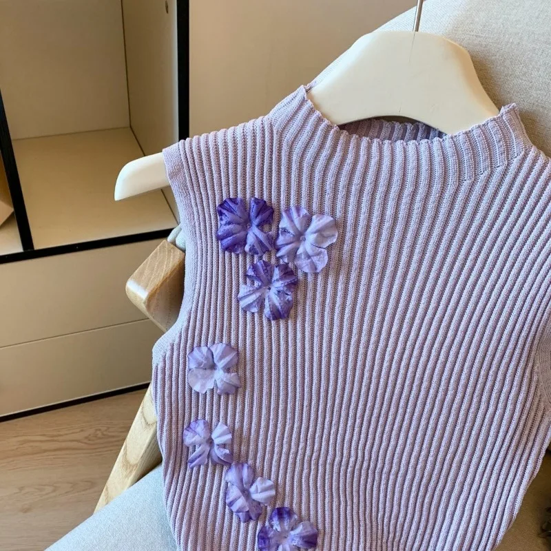 Autumn New Temperament Pitted Vest Suspender Women's Tight Three-dimensional Flower Ice Silk Knitted Top for Outer Wear