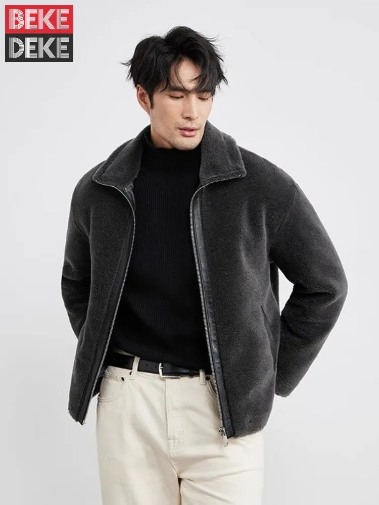 Men Business Casual Real Wool Coat Zipper Lapel Fashion Designer New Winter Solid Color Sheep Shearing Short Jacket Size L-4XL