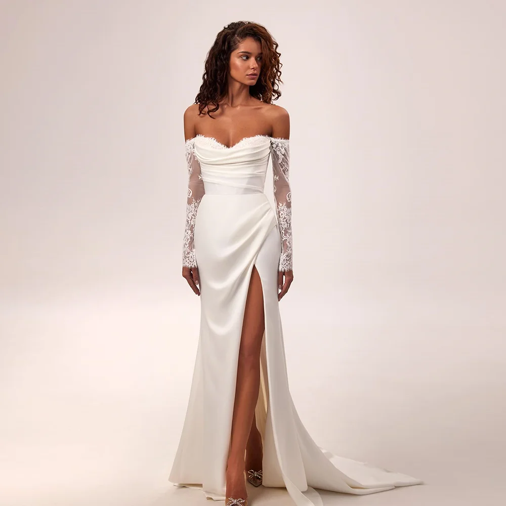 

Атласное плиссированное свадебное платье с открытыми плечами по индивидуальному заказу, кружевное свадебное платье с иллюзией и открытой спиной