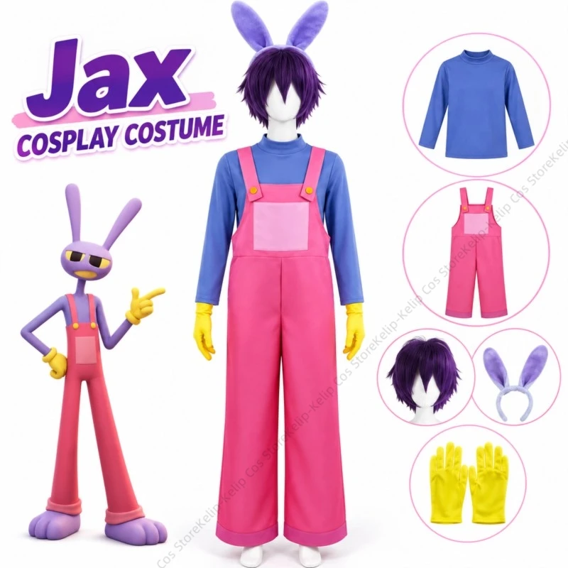 Conjunto de disfraz de cosplay de Jax, el conejo morado: peto rosa, camisa azul, peluca morada, orejas de conejo, guantes amarillos. Ideal para Halloween y carnavales.
