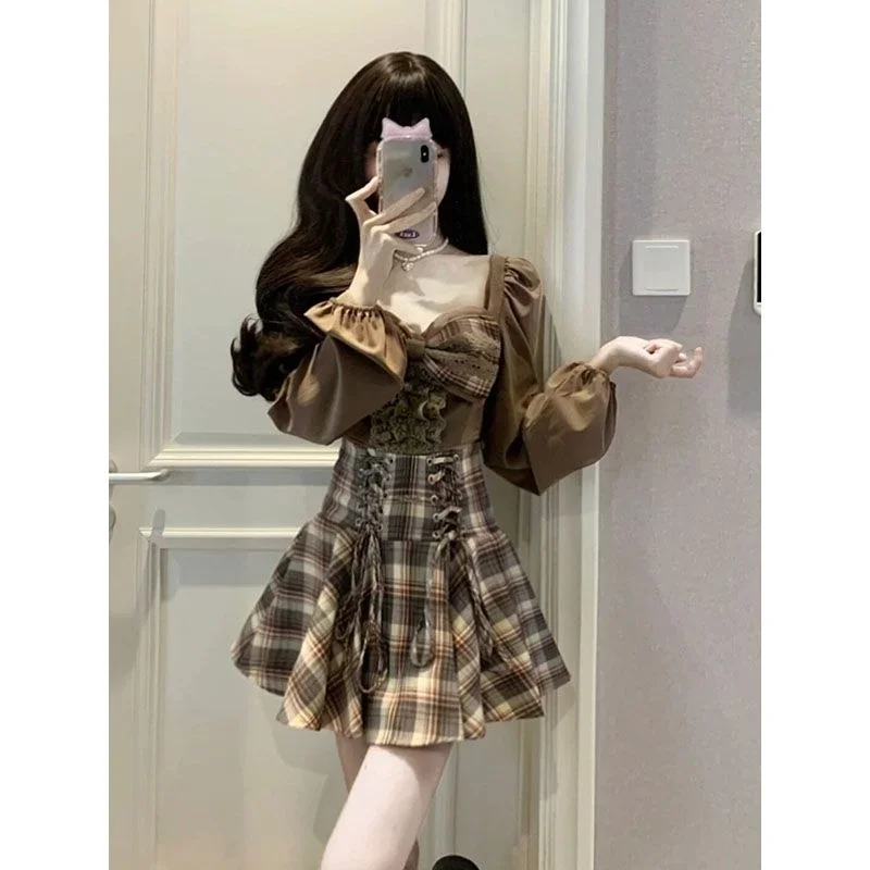 2023 New Plaid Bowknot Long Sleeve Short Shirt Two Piece Set Party Dresses Women Dress Vestidos Para Mujer